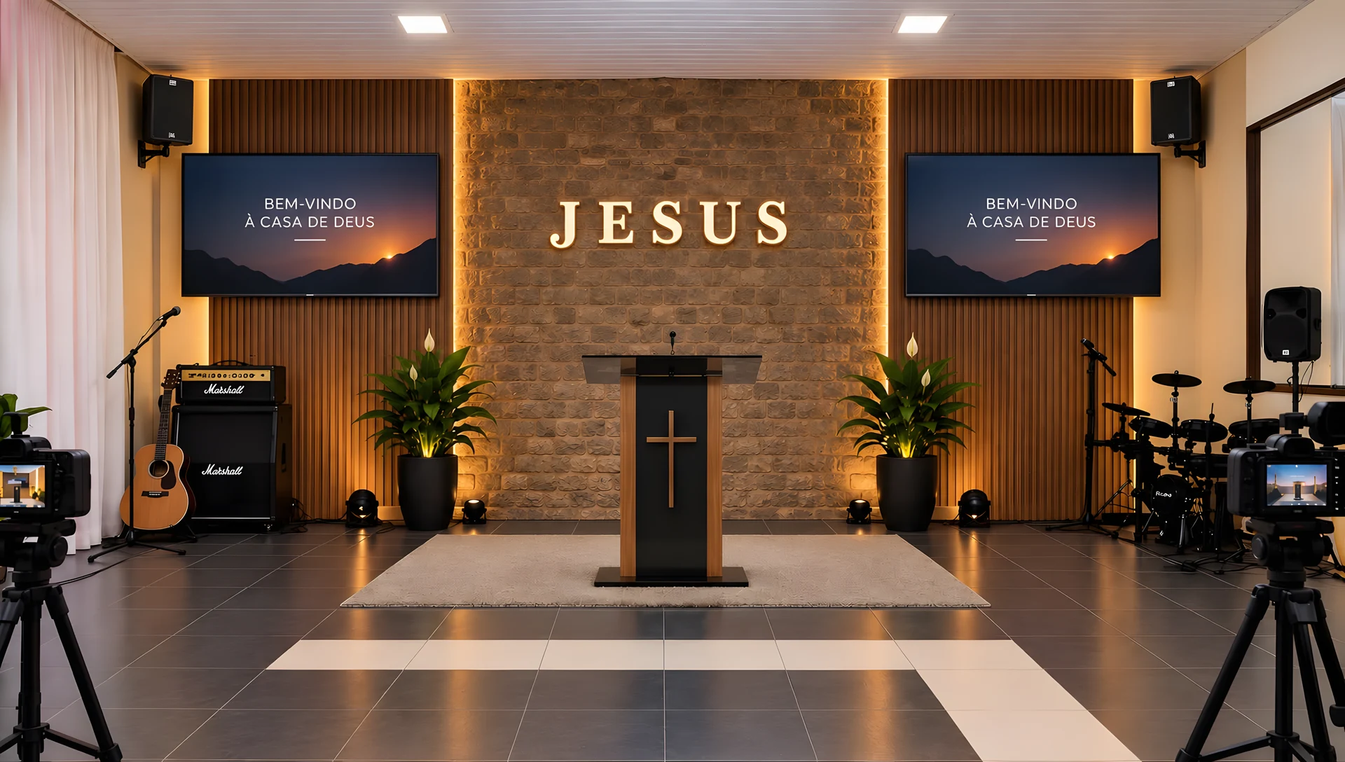 Altar da Igreja de Deus Missionária, com púlpito central e iluminação dourada